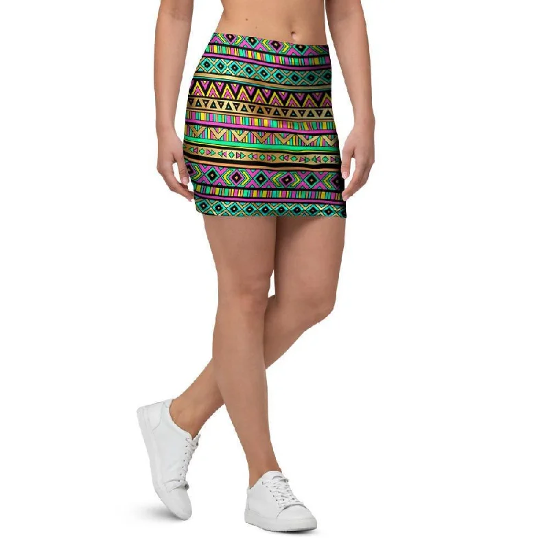 Neon Multicolor Ethic Aztec Aztec Grunge Geometric Print Mini Skirt wrap skirt elegant