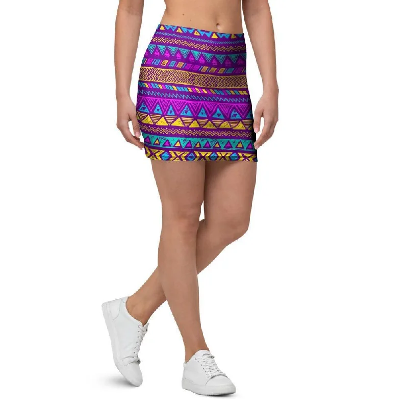 Neon Multicolor Ethic Aztec Doodle Print Mini Skirt leather skirt sleek