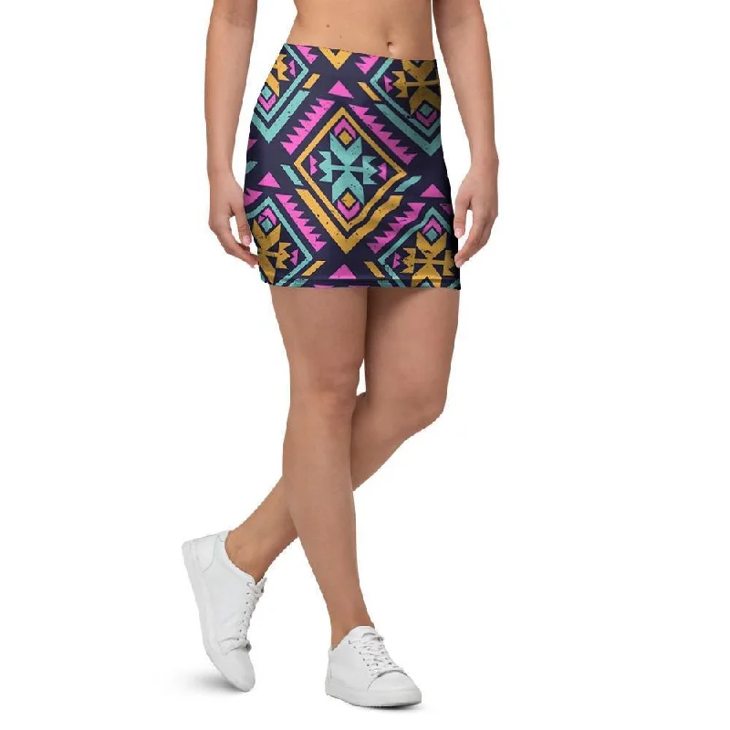 Neon Multicolor Ethic Aztec Grunge Print Mini Skirt lace skirt feminine